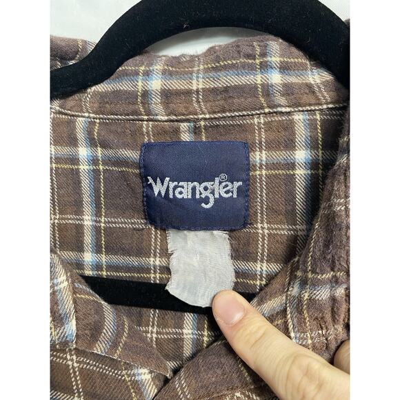 Vintage Wrangler Flannel Pearl Snap Mens 2XL Brown Plaid Rancher Flap Pocket 80s - Picture 3 of 3